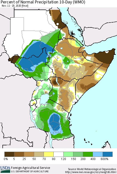 Eastern Africa Percent of Normal Precipitation 10-Day (WMO) Thematic Map For 11/11/2020 - 11/20/2020