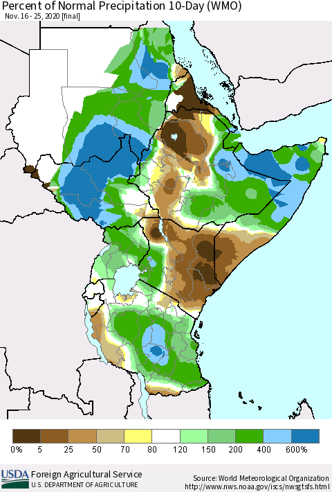 Eastern Africa Percent of Normal Precipitation 10-Day (WMO) Thematic Map For 11/16/2020 - 11/25/2020