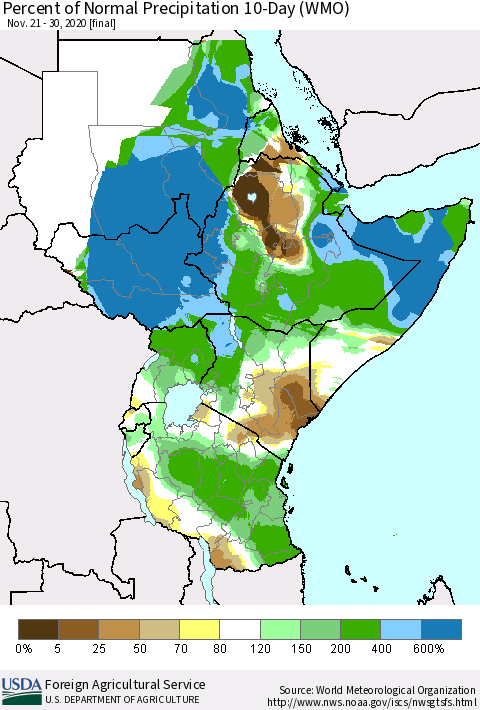 Eastern Africa Percent of Normal Precipitation 10-Day (WMO) Thematic Map For 11/21/2020 - 11/30/2020