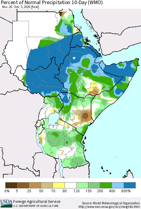 Eastern Africa Percent of Normal Precipitation 10-Day (WMO) Thematic Map For 11/26/2020 - 12/5/2020