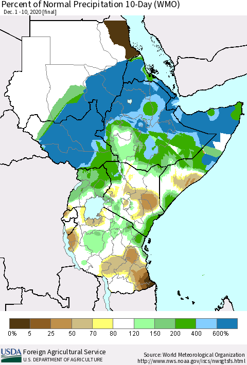 Eastern Africa Percent of Normal Precipitation 10-Day (WMO) Thematic Map For 12/1/2020 - 12/10/2020