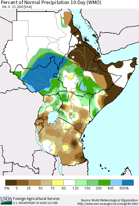 Eastern Africa Percent of Normal Precipitation 10-Day (WMO) Thematic Map For 12/6/2020 - 12/15/2020