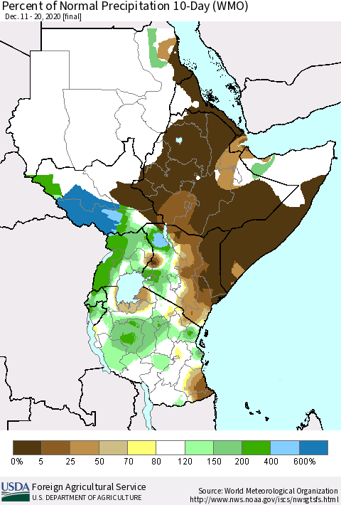 Eastern Africa Percent of Normal Precipitation 10-Day (WMO) Thematic Map For 12/11/2020 - 12/20/2020