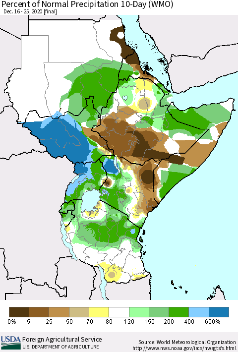 Eastern Africa Percent of Normal Precipitation 10-Day (WMO) Thematic Map For 12/16/2020 - 12/25/2020