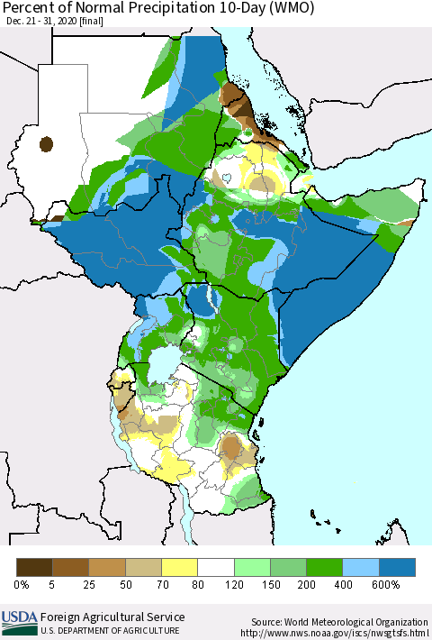 Eastern Africa Percent of Normal Precipitation 10-Day (WMO) Thematic Map For 12/21/2020 - 12/31/2020