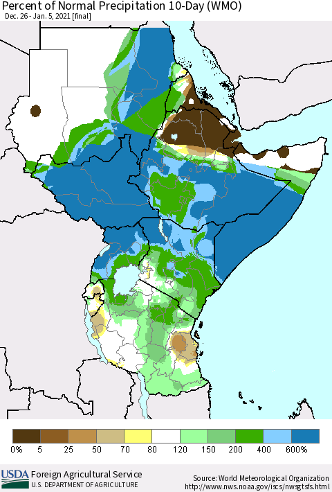 Eastern Africa Percent of Normal Precipitation 10-Day (WMO) Thematic Map For 12/26/2020 - 1/5/2021
