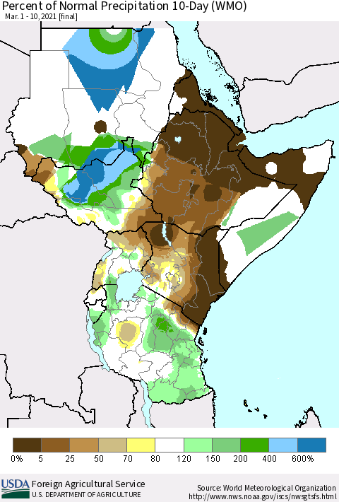 Eastern Africa Percent of Normal Precipitation 10-Day (WMO) Thematic Map For 3/1/2021 - 3/10/2021