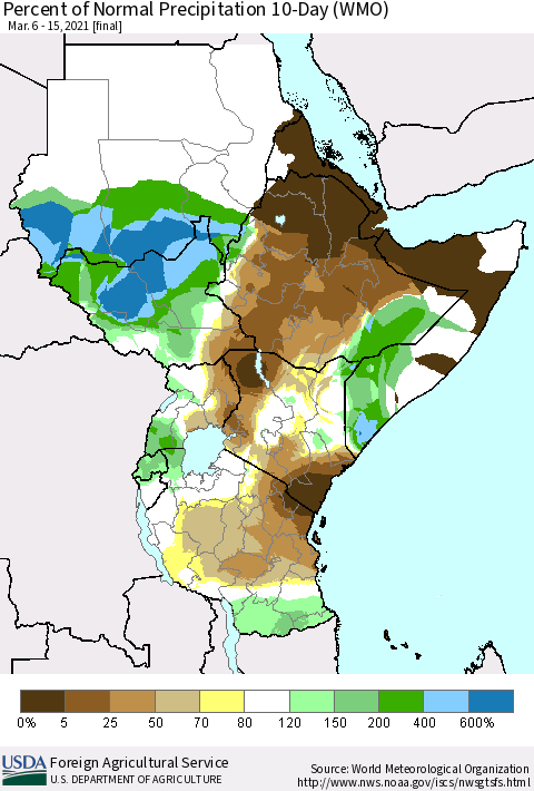 Eastern Africa Percent of Normal Precipitation 10-Day (WMO) Thematic Map For 3/6/2021 - 3/15/2021