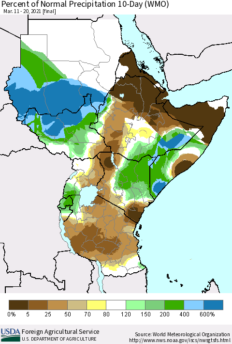 Eastern Africa Percent of Normal Precipitation 10-Day (WMO) Thematic Map For 3/11/2021 - 3/20/2021