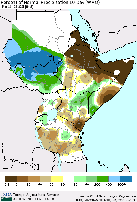 Eastern Africa Percent of Normal Precipitation 10-Day (WMO) Thematic Map For 3/16/2021 - 3/25/2021