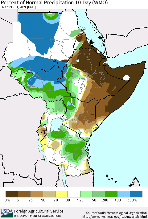 Eastern Africa Percent of Normal Precipitation 10-Day (WMO) Thematic Map For 3/21/2021 - 3/31/2021
