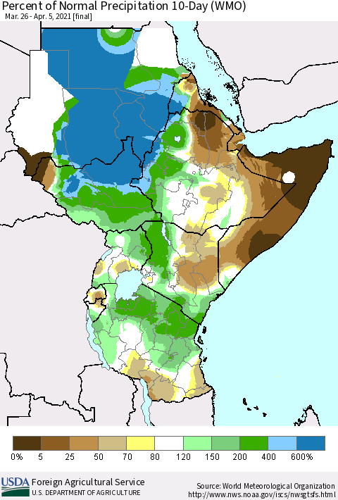 Eastern Africa Percent of Normal Precipitation 10-Day (WMO) Thematic Map For 3/26/2021 - 4/5/2021
