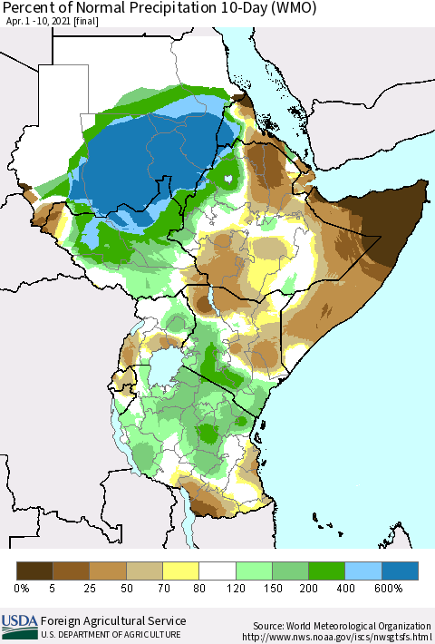 Eastern Africa Percent of Normal Precipitation 10-Day (WMO) Thematic Map For 4/1/2021 - 4/10/2021