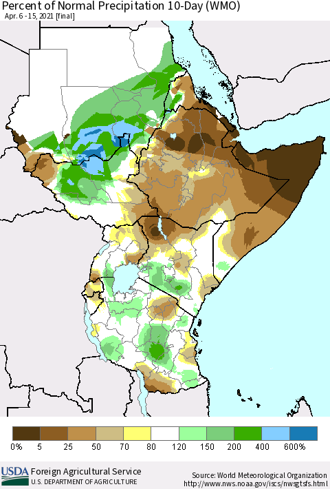 Eastern Africa Percent of Normal Precipitation 10-Day (WMO) Thematic Map For 4/6/2021 - 4/15/2021