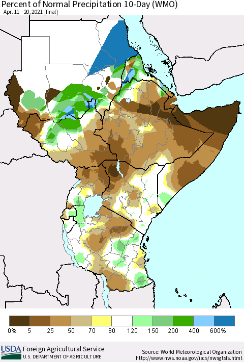 Eastern Africa Percent of Normal Precipitation 10-Day (WMO) Thematic Map For 4/11/2021 - 4/20/2021