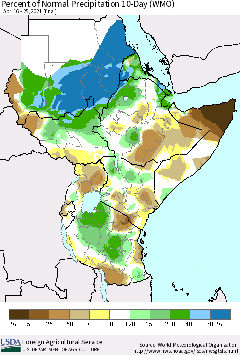 Eastern Africa Percent of Normal Precipitation 10-Day (WMO) Thematic Map For 4/16/2021 - 4/25/2021