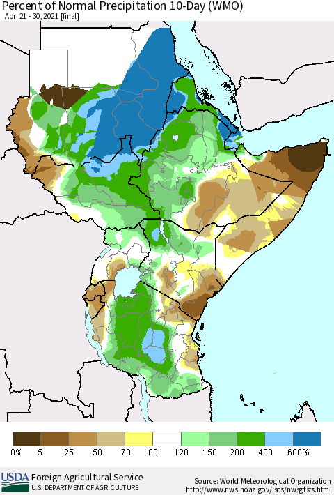 Eastern Africa Percent of Normal Precipitation 10-Day (WMO) Thematic Map For 4/21/2021 - 4/30/2021