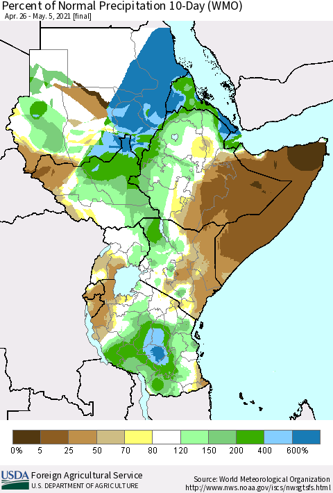 Eastern Africa Percent of Normal Precipitation 10-Day (WMO) Thematic Map For 4/26/2021 - 5/5/2021