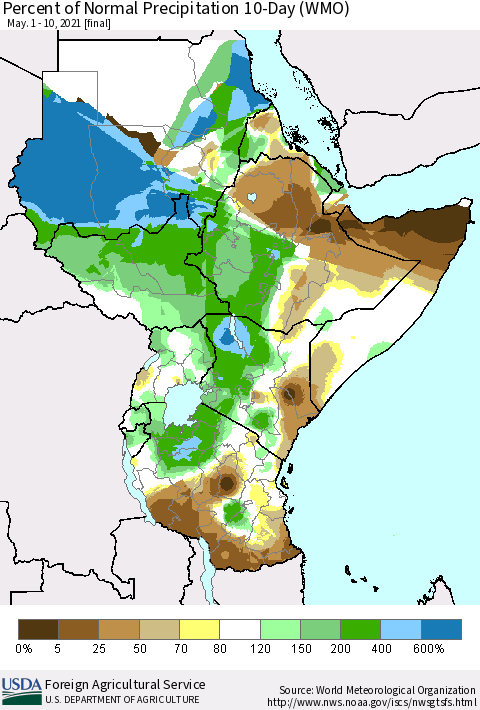 Eastern Africa Percent of Normal Precipitation 10-Day (WMO) Thematic Map For 5/1/2021 - 5/10/2021