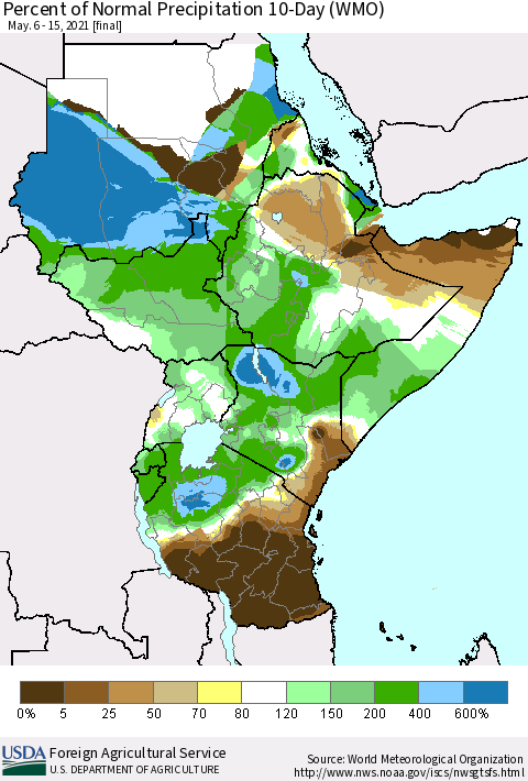 Eastern Africa Percent of Normal Precipitation 10-Day (WMO) Thematic Map For 5/6/2021 - 5/15/2021