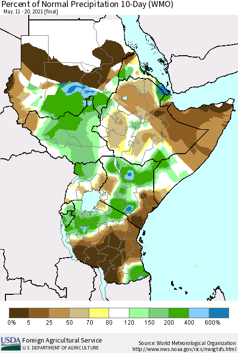 Eastern Africa Percent of Normal Precipitation 10-Day (WMO) Thematic Map For 5/11/2021 - 5/20/2021