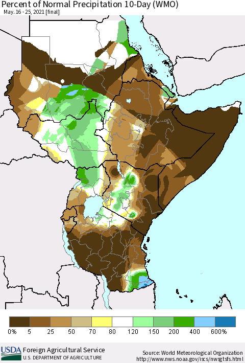 Eastern Africa Percent of Normal Precipitation 10-Day (WMO) Thematic Map For 5/16/2021 - 5/25/2021