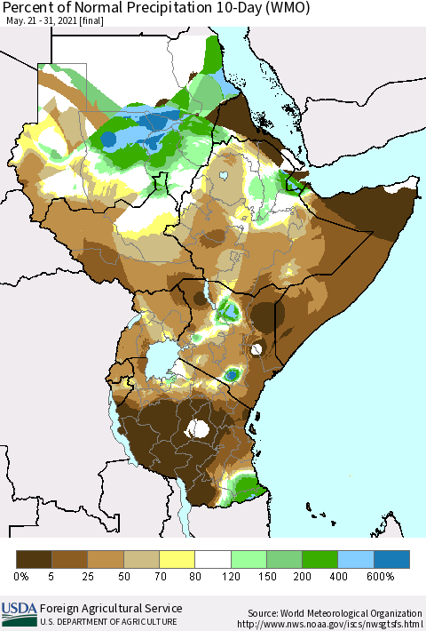 Eastern Africa Percent of Normal Precipitation 10-Day (WMO) Thematic Map For 5/21/2021 - 5/31/2021