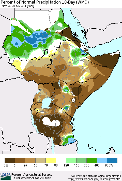 Eastern Africa Percent of Normal Precipitation 10-Day (WMO) Thematic Map For 5/26/2021 - 6/5/2021