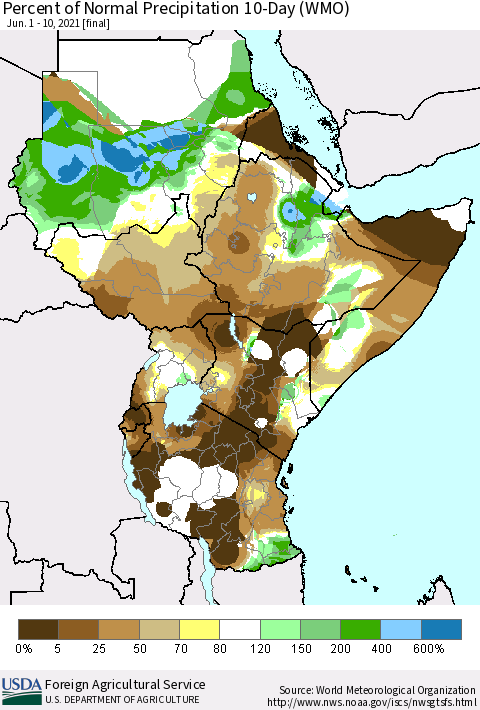 Eastern Africa Percent of Normal Precipitation 10-Day (WMO) Thematic Map For 6/1/2021 - 6/10/2021