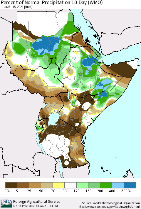 Eastern Africa Percent of Normal Precipitation 10-Day (WMO) Thematic Map For 6/6/2021 - 6/15/2021