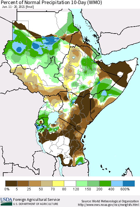 Eastern Africa Percent of Normal Precipitation 10-Day (WMO) Thematic Map For 6/11/2021 - 6/20/2021