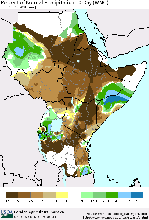 Eastern Africa Percent of Normal Precipitation 10-Day (WMO) Thematic Map For 6/16/2021 - 6/25/2021