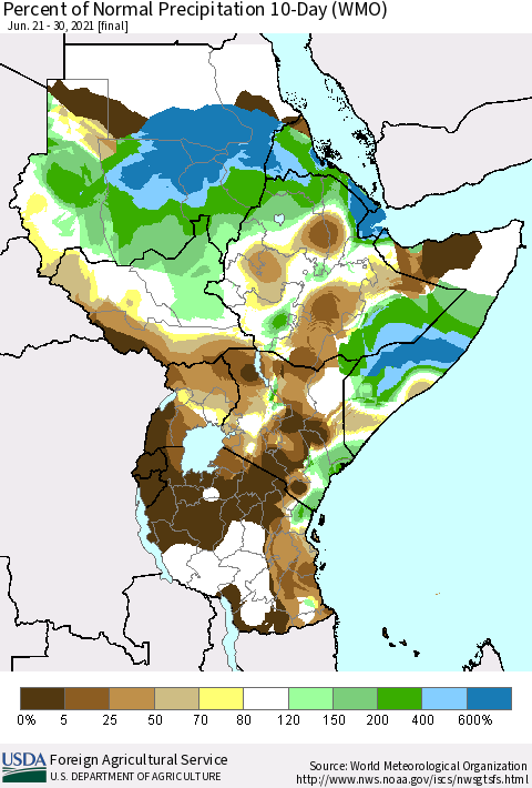 Eastern Africa Percent of Normal Precipitation 10-Day (WMO) Thematic Map For 6/21/2021 - 6/30/2021