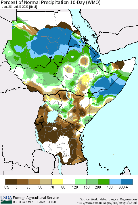 Eastern Africa Percent of Normal Precipitation 10-Day (WMO) Thematic Map For 6/26/2021 - 7/5/2021