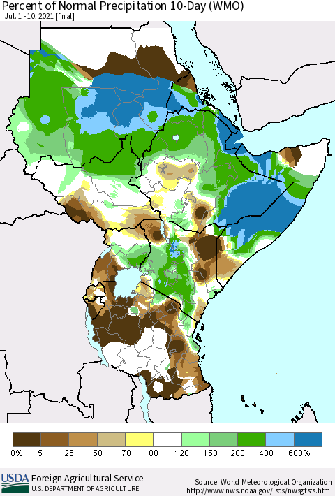Eastern Africa Percent of Normal Precipitation 10-Day (WMO) Thematic Map For 7/1/2021 - 7/10/2021