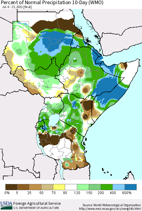 Eastern Africa Percent of Normal Precipitation 10-Day (WMO) Thematic Map For 7/6/2021 - 7/15/2021