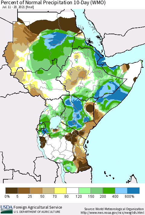 Eastern Africa Percent of Normal Precipitation 10-Day (WMO) Thematic Map For 7/11/2021 - 7/20/2021