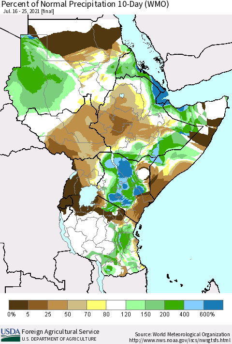 Eastern Africa Percent of Normal Precipitation 10-Day (WMO) Thematic Map For 7/16/2021 - 7/25/2021