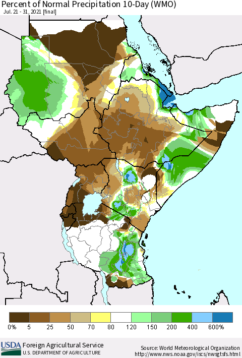 Eastern Africa Percent of Normal Precipitation 10-Day (WMO) Thematic Map For 7/21/2021 - 7/31/2021