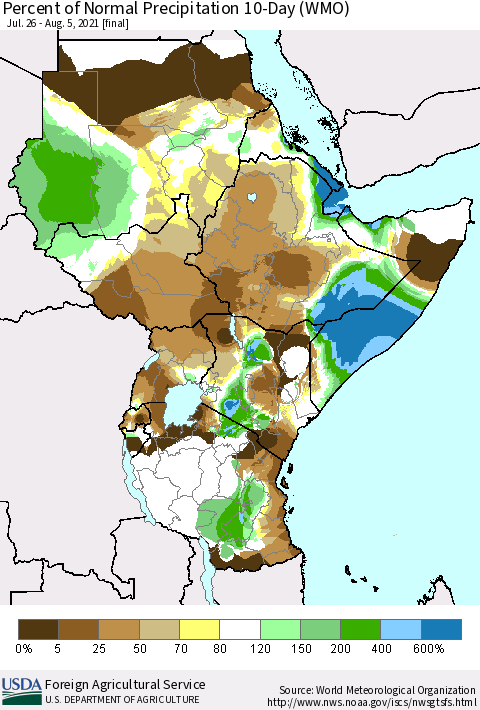 Eastern Africa Percent of Normal Precipitation 10-Day (WMO) Thematic Map For 7/26/2021 - 8/5/2021