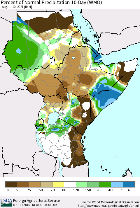 Eastern Africa Percent of Normal Precipitation 10-Day (WMO) Thematic Map For 8/1/2021 - 8/10/2021