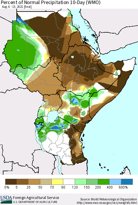 Eastern Africa Percent of Normal Precipitation 10-Day (WMO) Thematic Map For 8/6/2021 - 8/15/2021