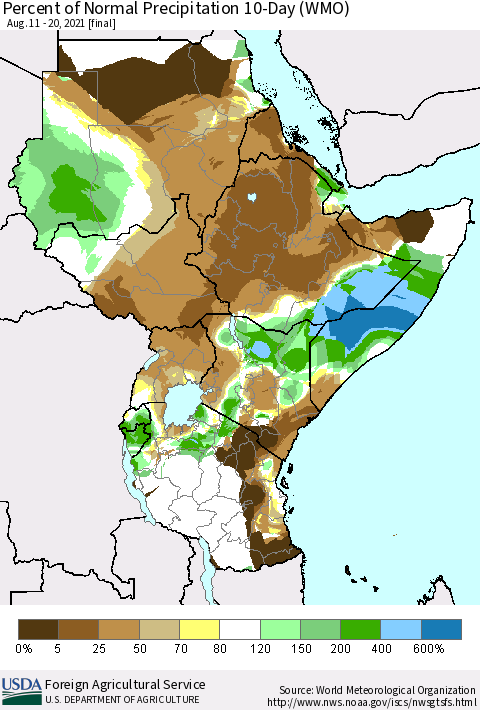 Eastern Africa Percent of Normal Precipitation 10-Day (WMO) Thematic Map For 8/11/2021 - 8/20/2021