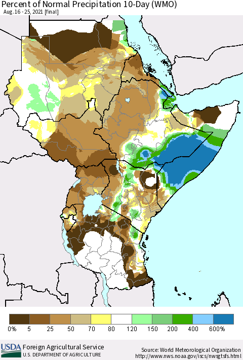 Eastern Africa Percent of Normal Precipitation 10-Day (WMO) Thematic Map For 8/16/2021 - 8/25/2021