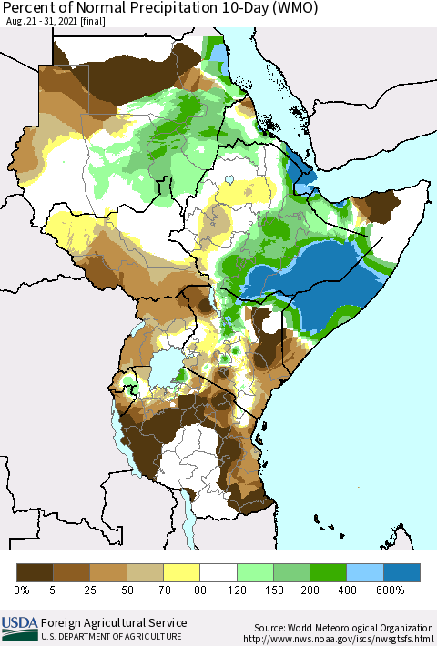 Eastern Africa Percent of Normal Precipitation 10-Day (WMO) Thematic Map For 8/21/2021 - 8/31/2021