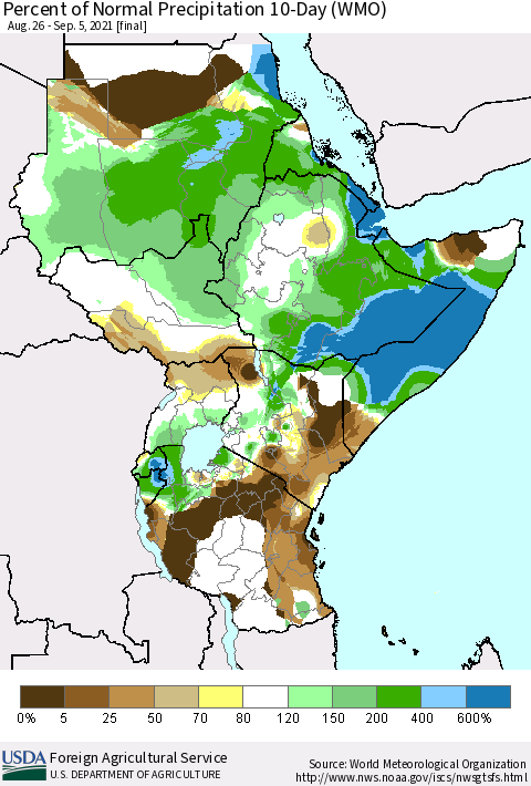 Eastern Africa Percent of Normal Precipitation 10-Day (WMO) Thematic Map For 8/26/2021 - 9/5/2021