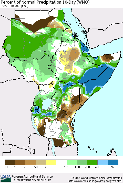 Eastern Africa Percent of Normal Precipitation 10-Day (WMO) Thematic Map For 9/1/2021 - 9/10/2021