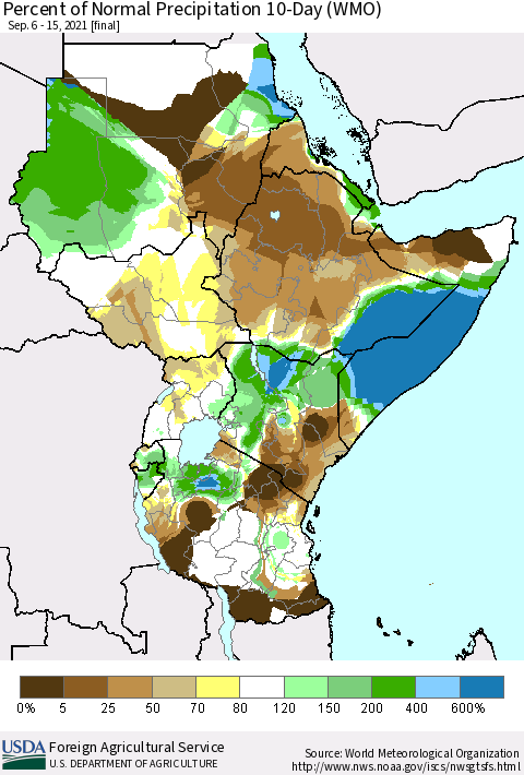 Eastern Africa Percent of Normal Precipitation 10-Day (WMO) Thematic Map For 9/6/2021 - 9/15/2021