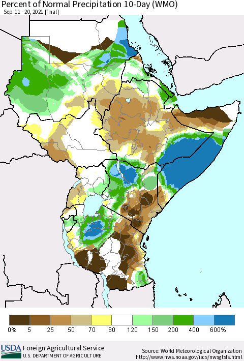 Eastern Africa Percent of Normal Precipitation 10-Day (WMO) Thematic Map For 9/11/2021 - 9/20/2021