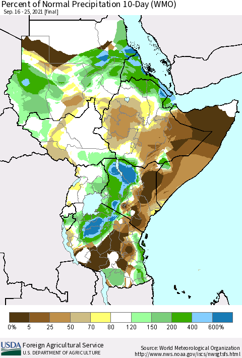 Eastern Africa Percent of Normal Precipitation 10-Day (WMO) Thematic Map For 9/16/2021 - 9/25/2021
